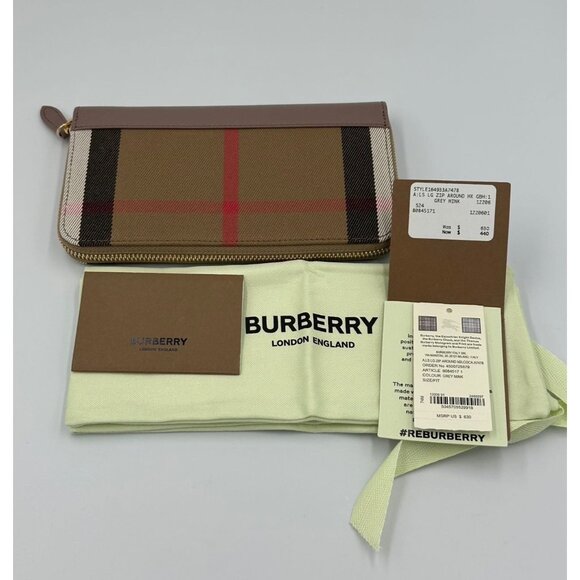 Burberry Large Check Zip Around Leather Canvas Wallet Grey Mink 8084517 - Picture 8 of 8